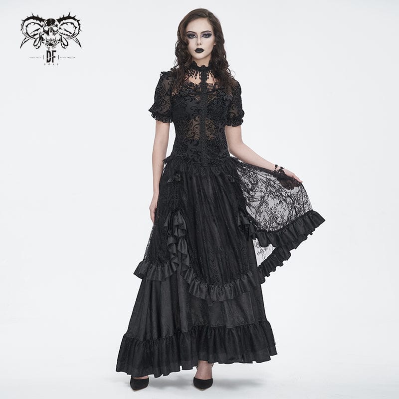 DEVIL FASHION Women's Gothic Drawstring Ruffled Lace Skirt