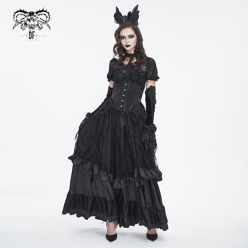 DEVIL FASHION Women's Gothic Drawstring Ruffled Lace Skirt