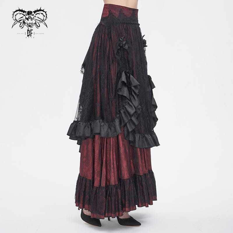 DEVIL FASHION Women's Gothic Drawstring Ruffled Red Lace Skirt