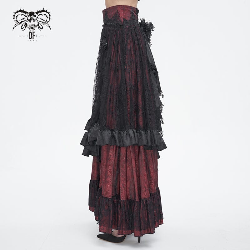 DEVIL FASHION Women's Gothic Drawstring Ruffled Red Lace Skirt