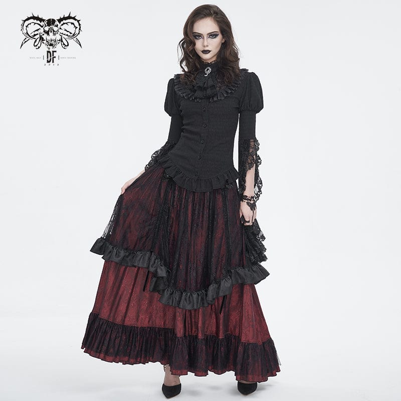 DEVIL FASHION Women's Gothic Drawstring Ruffled Red Lace Skirt