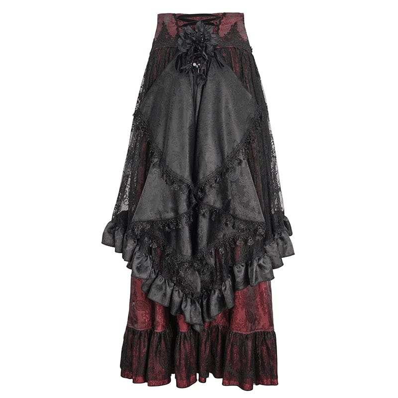 DEVIL FASHION Women's Gothic Drawstring Ruffled Red Lace Skirt