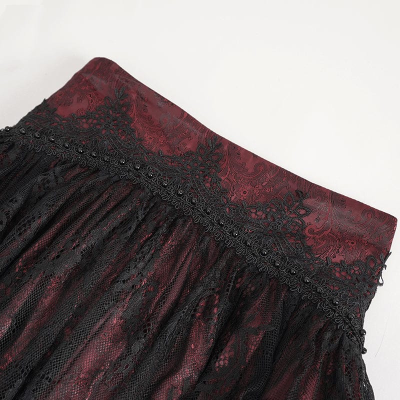 DEVIL FASHION Women's Gothic Drawstring Ruffled Red Lace Skirt