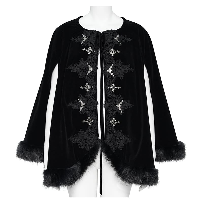 DEVIL FASHION Women's Gothic Embroidered Faux Fur Trim Velvet Cloak with Neckwear