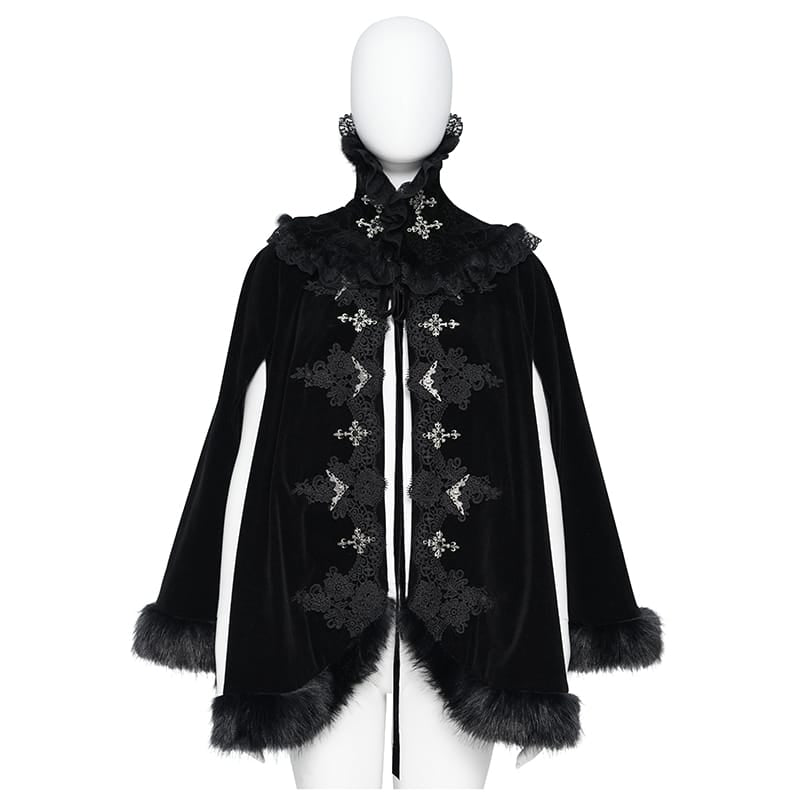 DEVIL FASHION Women's Gothic Embroidered Faux Fur Trim Velvet Cloak with Neckwear