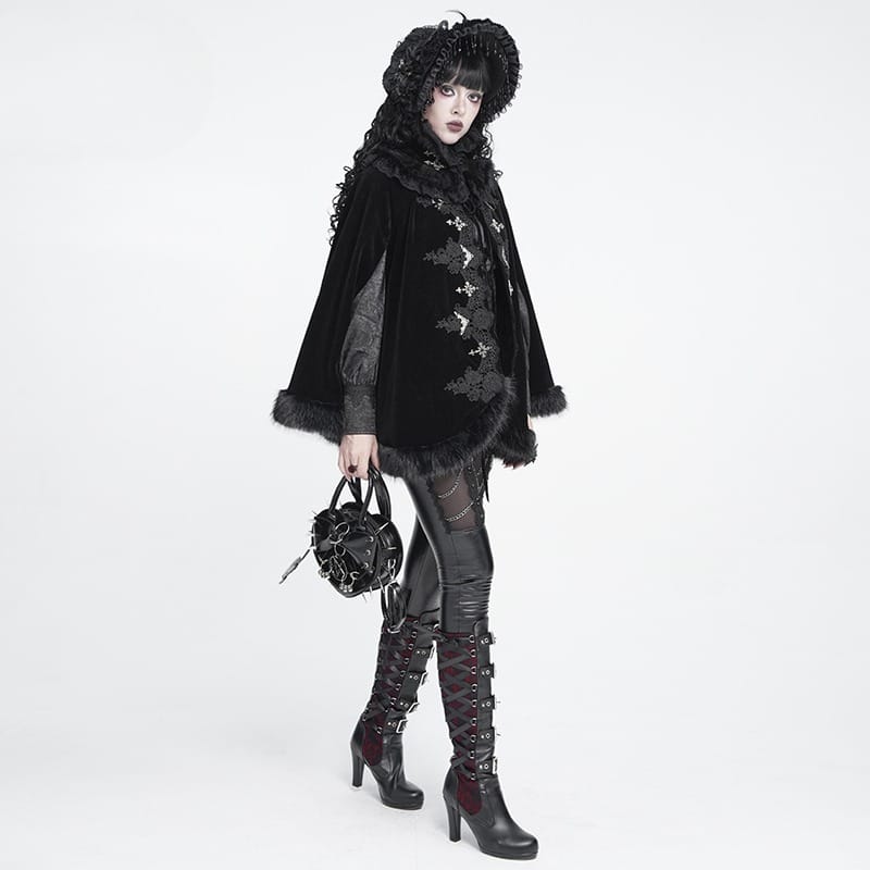 DEVIL FASHION Women's Gothic Embroidered Faux Fur Trim Velvet Cloak with Neckwear