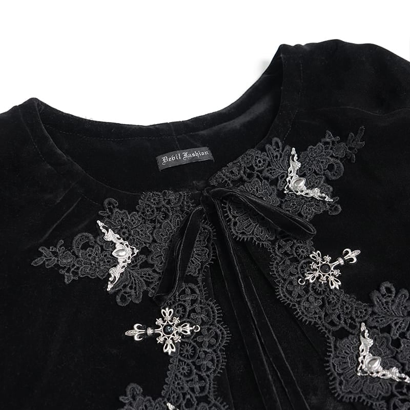 DEVIL FASHION Women's Gothic Embroidered Faux Fur Trim Velvet Cloak with Neckwear