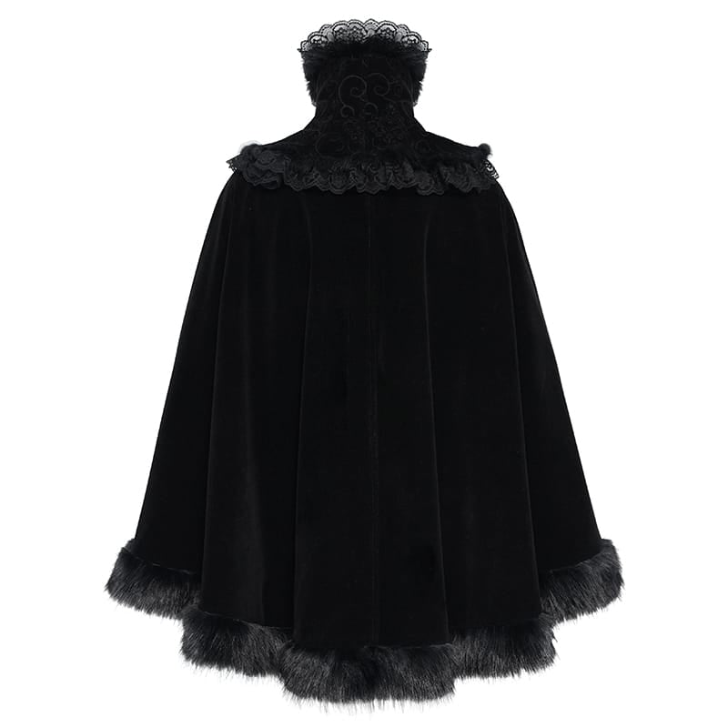 DEVIL FASHION Women's Gothic Embroidered Faux Fur Trim Velvet Cloak with Neckwear