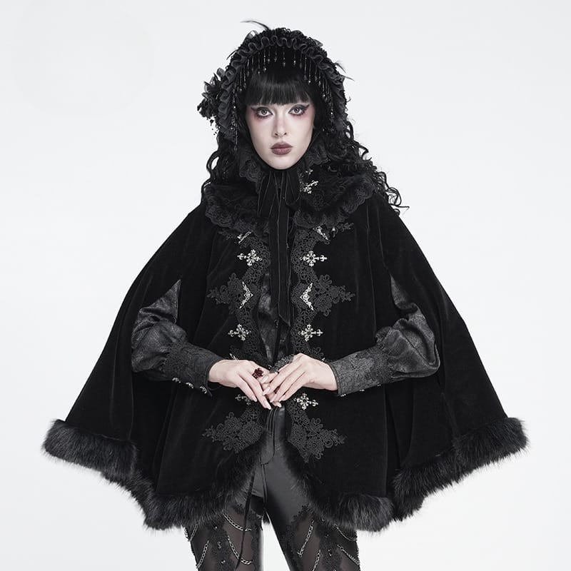 DEVIL FASHION Women's Gothic Embroidered Faux Fur Trim Velvet Cloak with Neckwear