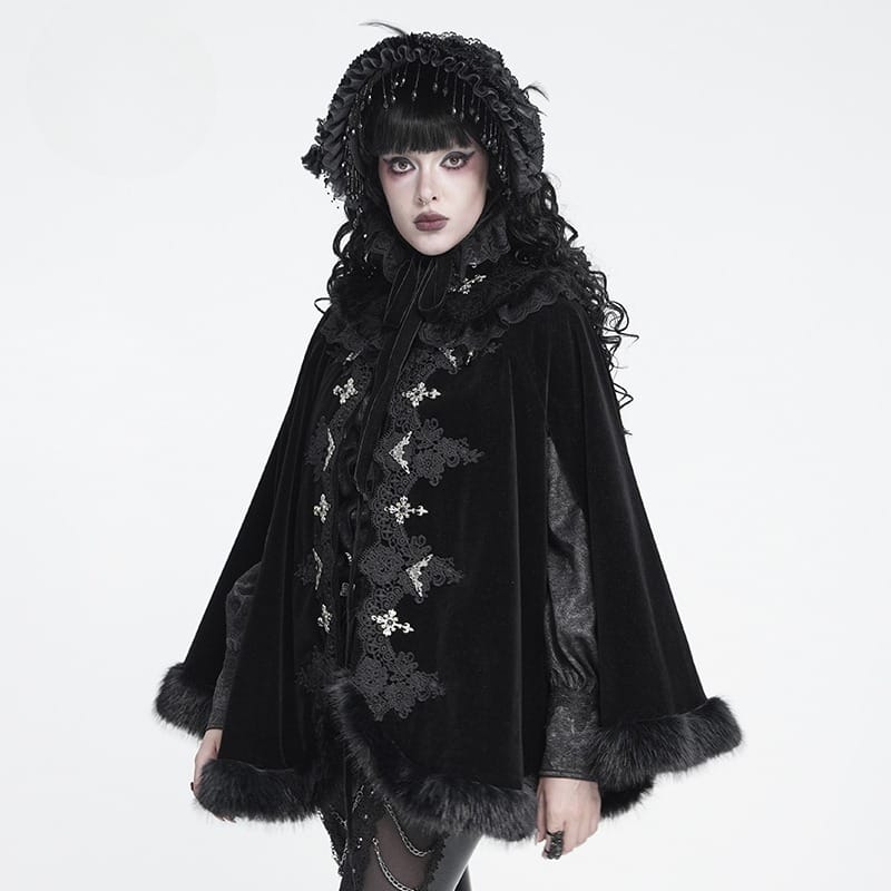 DEVIL FASHION Women's Gothic Embroidered Faux Fur Trim Velvet Cloak with Neckwear