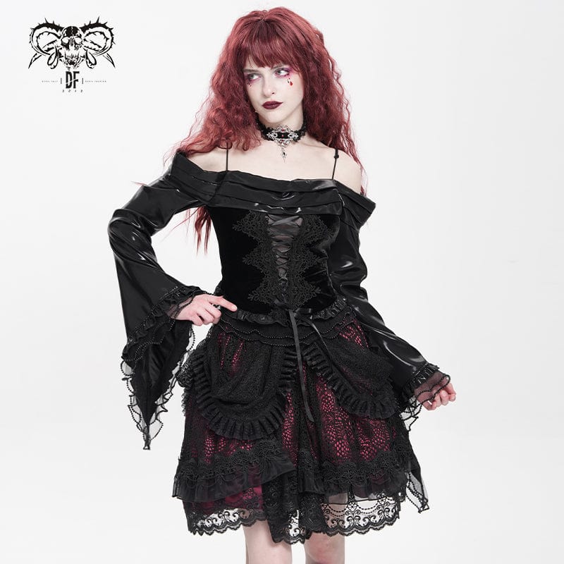 Camisa gótica con bordado y cordones en los hombros descubiertos para mujer DEVIL FASHION