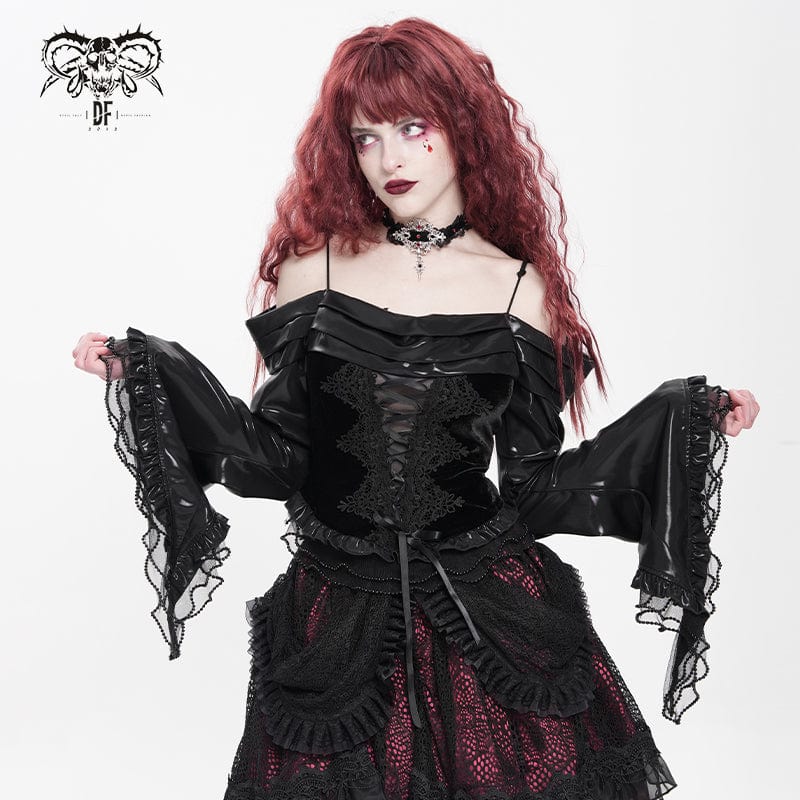Camisa gótica con bordado y cordones en los hombros descubiertos para mujer DEVIL FASHION