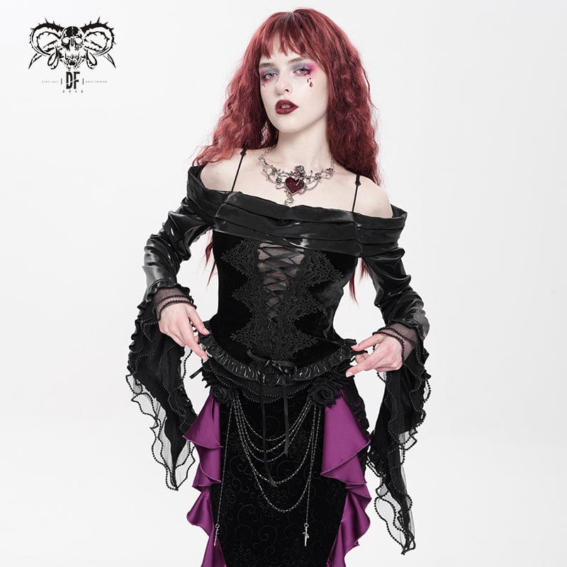 Camisa gótica con bordado y cordones en los hombros descubiertos para mujer DEVIL FASHION