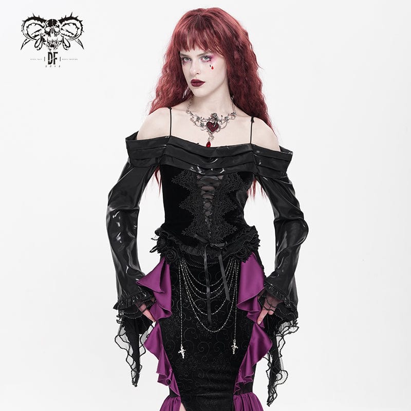 Camisa gótica con bordado y cordones en los hombros descubiertos para mujer DEVIL FASHION