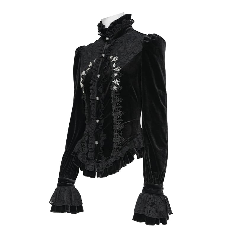 DEVIL FASHION Women's Gothic Embroidered Ruffled Stand Collar Long Sleeve Shirt Black