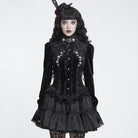 DEVIL FASHION Women's Gothic Embroidered Ruffled Stand Collar Long Sleeve Shirt Black