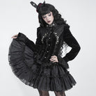 DEVIL FASHION Women's Gothic Embroidered Ruffled Stand Collar Long Sleeve Shirt Black