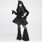 DEVIL FASHION Women's Gothic Embroidered Ruffled Stand Collar Long Sleeve Shirt Black