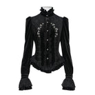 DEVIL FASHION Women's Gothic Embroidered Ruffled Stand Collar Long Sleeve Shirt Black