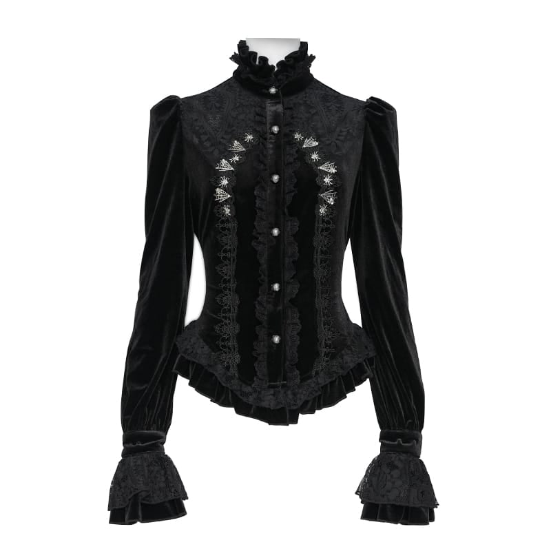 DEVIL FASHION Women's Gothic Embroidered Ruffled Stand Collar Long Sleeve Shirt Black
