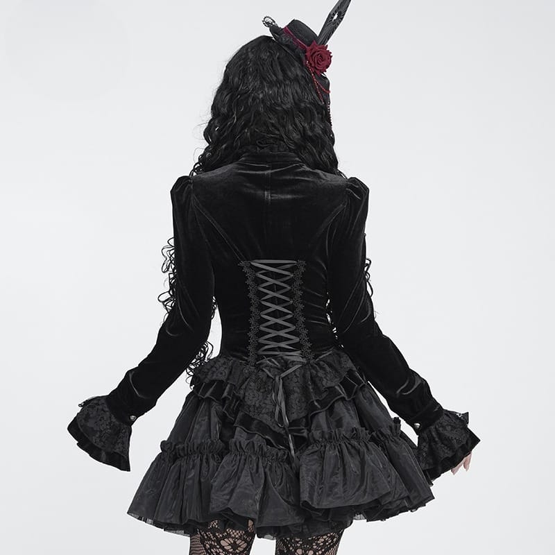 DEVIL FASHION Women's Gothic Embroidered Ruffled Stand Collar Long Sleeve Shirt Black