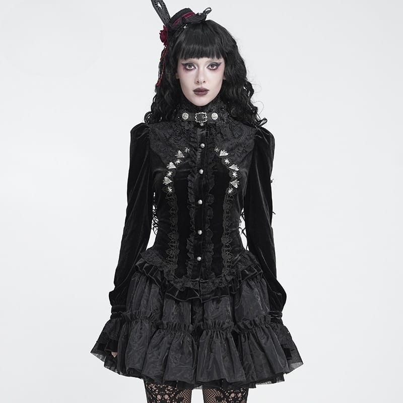 DEVIL FASHION Women's Gothic Embroidered Ruffled Stand Collar Long Sleeve Shirt Black