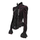 DEVIL FASHION Women's Gothic Embroidered Ruffled Stand Collar Long Sleeve Shirt Red