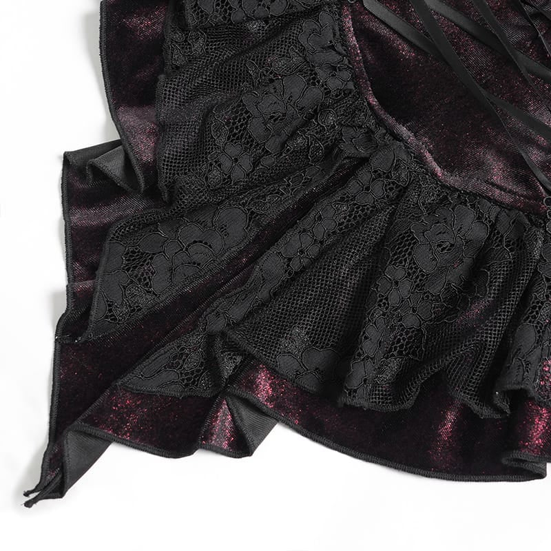 DEVIL FASHION Women's Gothic Embroidered Ruffled Stand Collar Long Sleeve Shirt Red