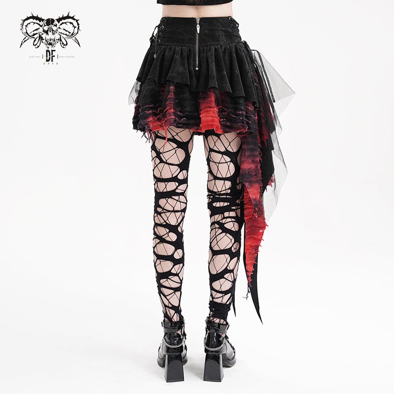 DEVIL FASHION Women's Gothic Eyelets Mesh Irregular Hem Skirt Black Red