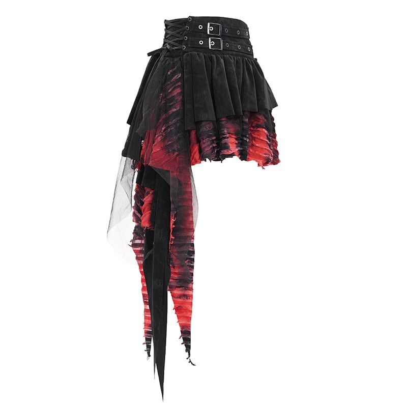 DEVIL FASHION Women's Gothic Eyelets Mesh Irregular Hem Skirt Black Red