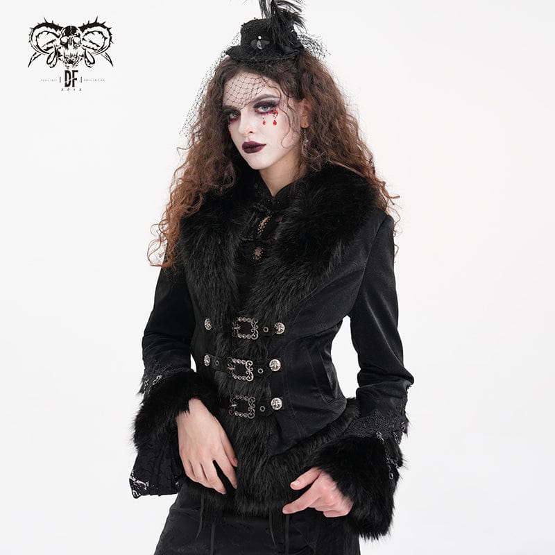 DEVIL FASHION Women's Gothic Faux Fur Bucket-up Chain Jacket