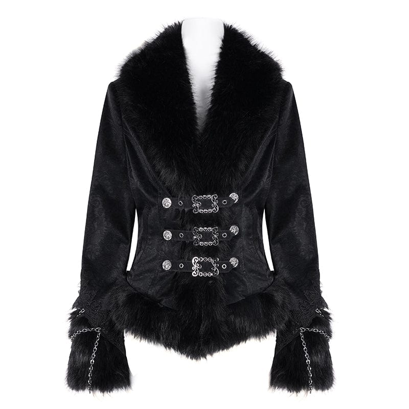 DEVIL FASHION Women's Gothic Faux Fur Bucket-up Chain Jacket