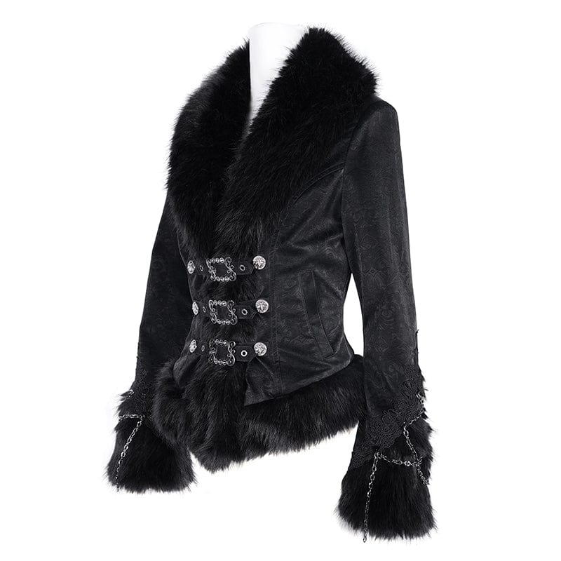 DEVIL FASHION Women's Gothic Faux Fur Bucket-up Chain Jacket