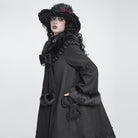 DEVIL FASHION Women's Gothic Faux Fur Collar Lace Embroidery Trim Long Coat with Detachable Bowknot