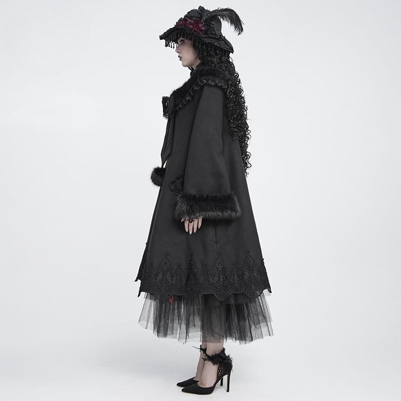 DEVIL FASHION Women's Gothic Faux Fur Collar Lace Embroidery Trim Long Coat with Detachable Bowknot