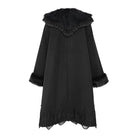 DEVIL FASHION Women's Gothic Faux Fur Collar Lace Embroidery Trim Long Coat with Detachable Bowknot