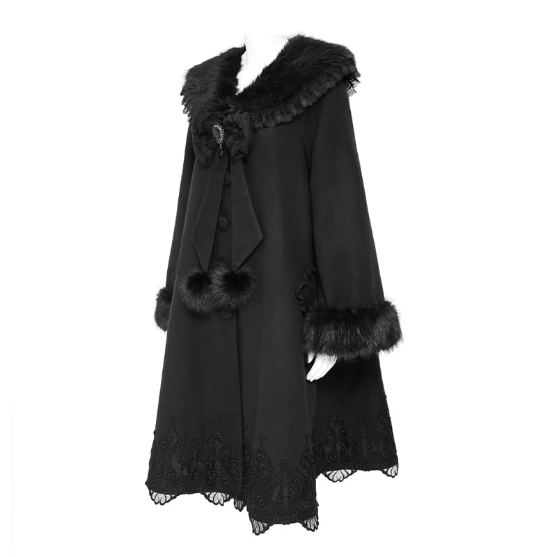 DEVIL FASHION Women's Gothic Faux Fur Collar Lace Embroidery Trim Long Coat with Detachable Bowknot