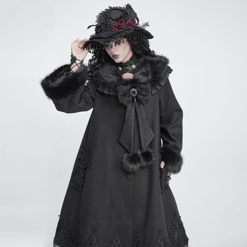 DEVIL FASHION Women's Gothic Faux Fur Collar Lace Embroidery Trim Long Coat with Detachable Bowknot