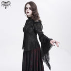 DEVIL FASHION Women's Gothic Flared Sleeved Beaded Lace Splice Shirt Black