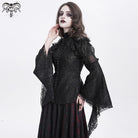 DEVIL FASHION Women's Gothic Flared Sleeved Beaded Lace Splice Shirt Black