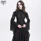 DEVIL FASHION Women's Gothic Flared Sleeved Beaded Lace Splice Shirt Black