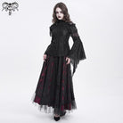 DEVIL FASHION Women's Gothic Flared Sleeved Beaded Lace Splice Shirt Black