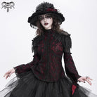 DEVIL FASHION Women's Gothic Flared Sleeved Beaded Lace Splice Shirt Red