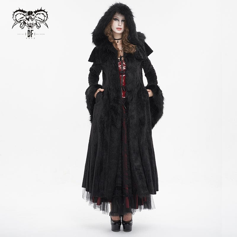DEVIL FASHION Women's Gothic Flared Sleeved Fluffy Coat with Hood