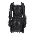 DEVIL FASHION Women's Gothic Floral Embroidered Lace-up Square-cut Collar Lace Dress Black