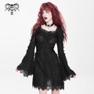 DEVIL FASHION Women's Gothic Floral Embroidered Lace-up Square-cut Collar Lace Dress Black
