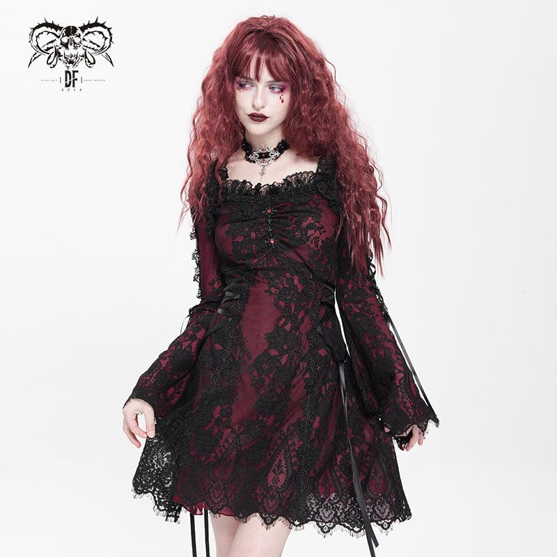 Women's Gothic Floral Embroidered Lace-up Square-cut Collar Lace Dress Punk Design Women's Gothic Floral Embroidered Lace-up Square-cut Collar Lace Dress Punk Design
