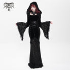 DEVIL FASHION Women's Gothic Floral Embroidered Mesh Splice Lace-up Hooded Dress Black