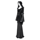 DEVIL FASHION Women's Gothic Floral Embroidered Mesh Splice Lace-up Hooded Dress Black