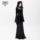 DEVIL FASHION Women's Gothic Floral Embroidered Mesh Splice Lace-up Hooded Dress Black
